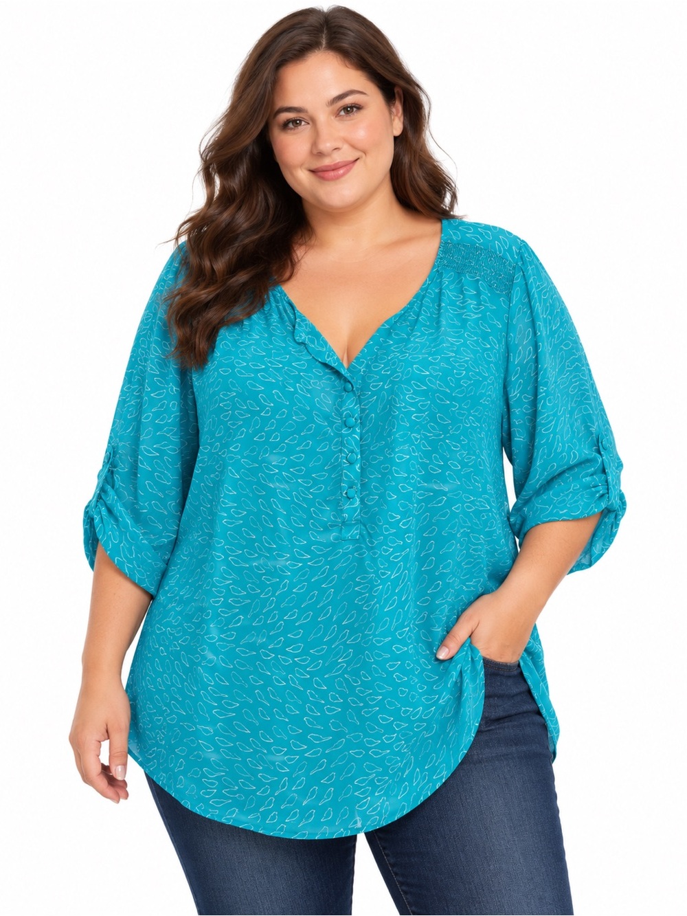 torrid Teal Button-Front V-Neck Tunic with Leaf Motif